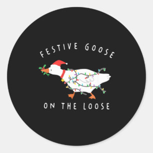 Funny Festive Goose On The Loose Christmas  Classic Round Sticker