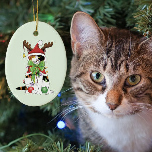 Funny Festive Green Calico Christmas Cat Ceramic Tree Decoration