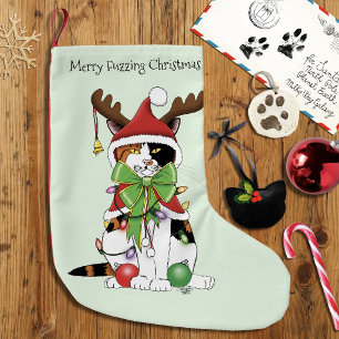 Funny Festive Green Calico Christmas Cat Small Christmas Stocking
