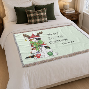 Funny Festive Green Calico Christmas Cat Throw Blanket