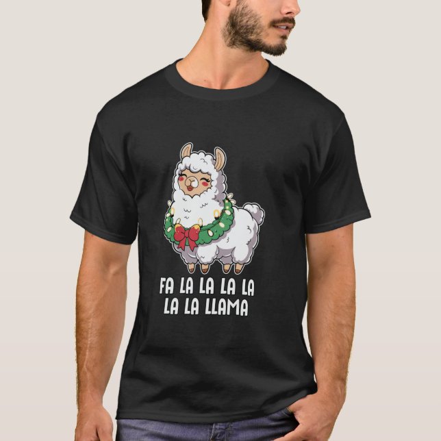 Funny Festive Llama with Christmas Lights Fa La La T-Shirt (Front)