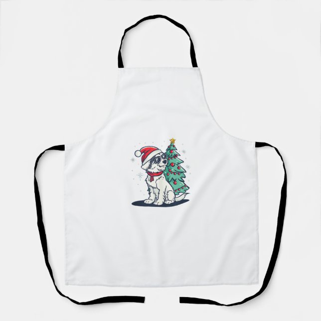 Funny Festive Sunglasses Dog with Christmas Tree C Apron (Front)