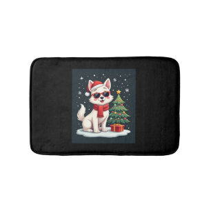 Funny Festive Sunglasses Dog with Christmas Tree C Bath Mat
