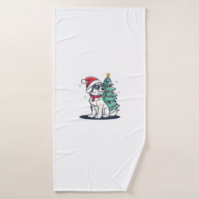Funny Festive Sunglasses Dog with Christmas Tree C Bath Towel (Bath Towel)