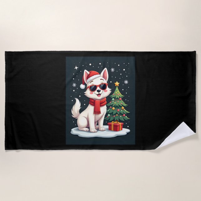 Funny Festive Sunglasses Dog with Christmas Tree C Beach Towel (Front)