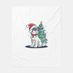 Funny Festive Sunglasses Dog with Christmas Tree C Fleece Blanket