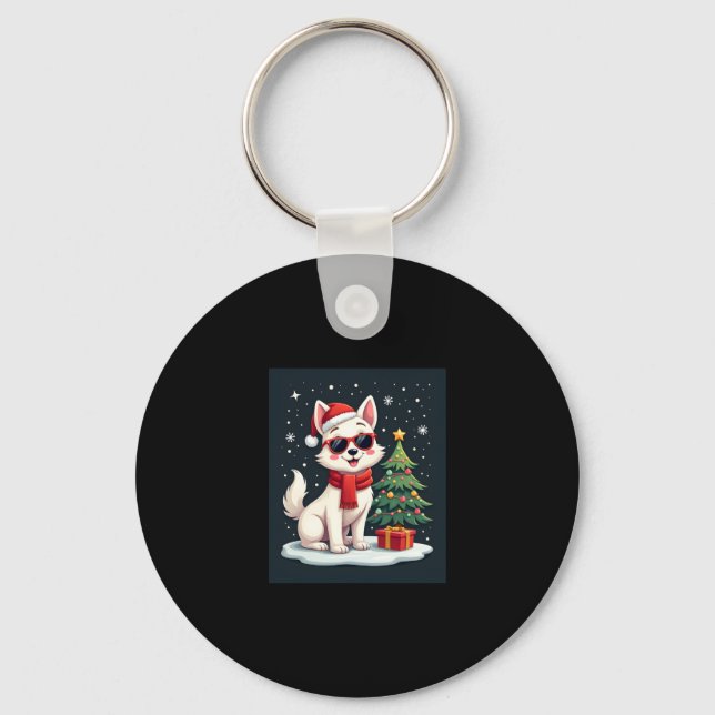 Funny Festive Sunglasses Dog with Christmas Tree C Key Ring (Front)