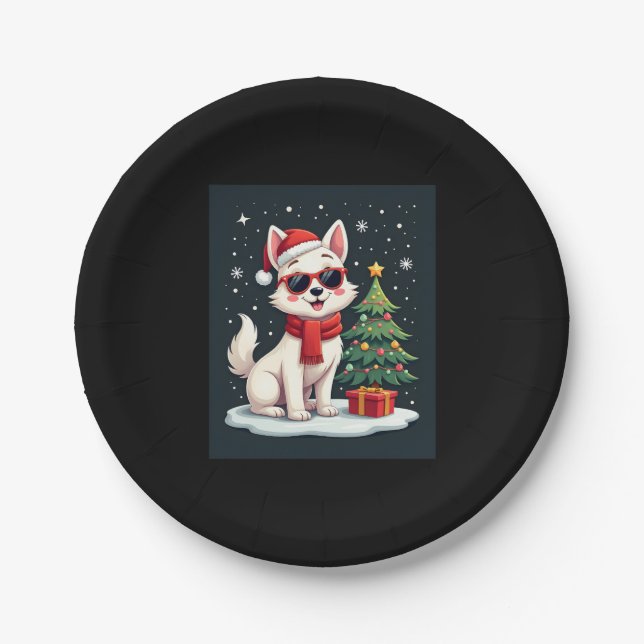 Funny Festive Sunglasses Dog with Christmas Tree C Paper Plate (Front)