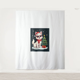 Funny Festive Sunglasses Dog with Christmas Tree C Tapestry