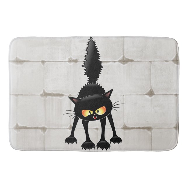 Funny Fierce Black Cat Cartoon  Bath Mat (Front)