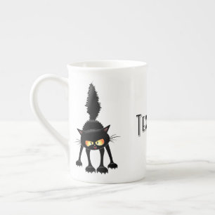 Funny Fierce Black Cat Cartoon  Bone China Mug
