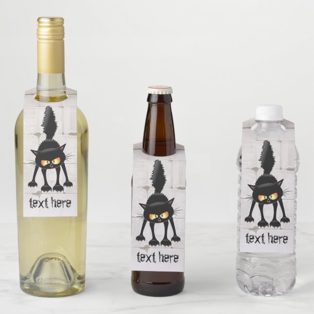 Funny Fierce Black Cat Cartoon  Bottle Tag (In Situ)