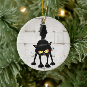 Funny Fierce Black Cat Cartoon  Ceramic Tree Decoration