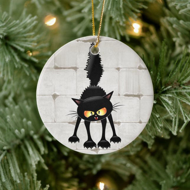 Funny Fierce Black Cat Cartoon  Ceramic Tree Decoration (Tree)