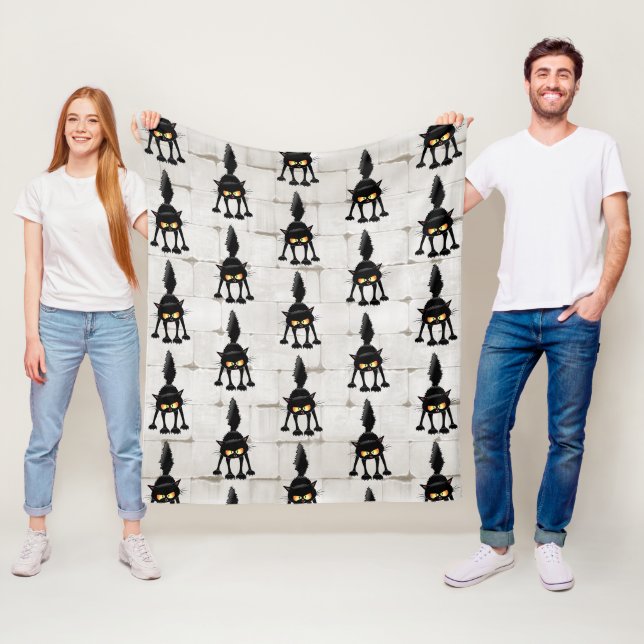 Funny Fierce Black Cat Cartoon  Fleece Blanket (In Situ)
