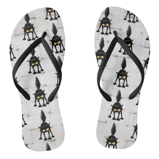 Funny Fierce Black Cat Cartoon  Flip Flops (Footbed)