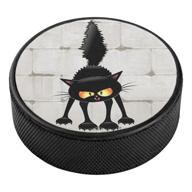 Funny Fierce Black Cat Cartoon  Hockey Puck (3/4)