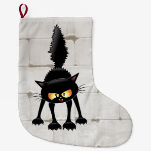 Funny Fierce Black Cat Cartoon  Large Christmas Stocking