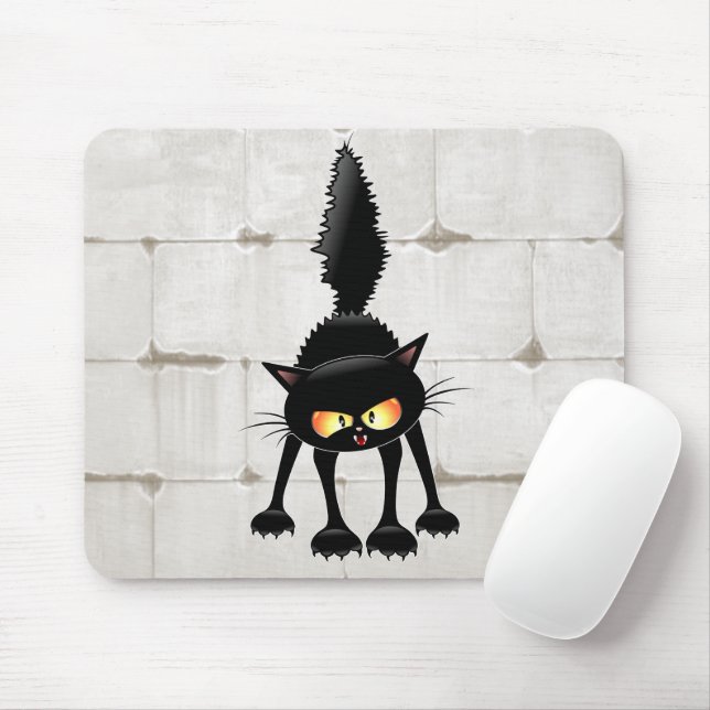 Funny Fierce Black Cat Cartoon  Mouse Mat (With Mouse)