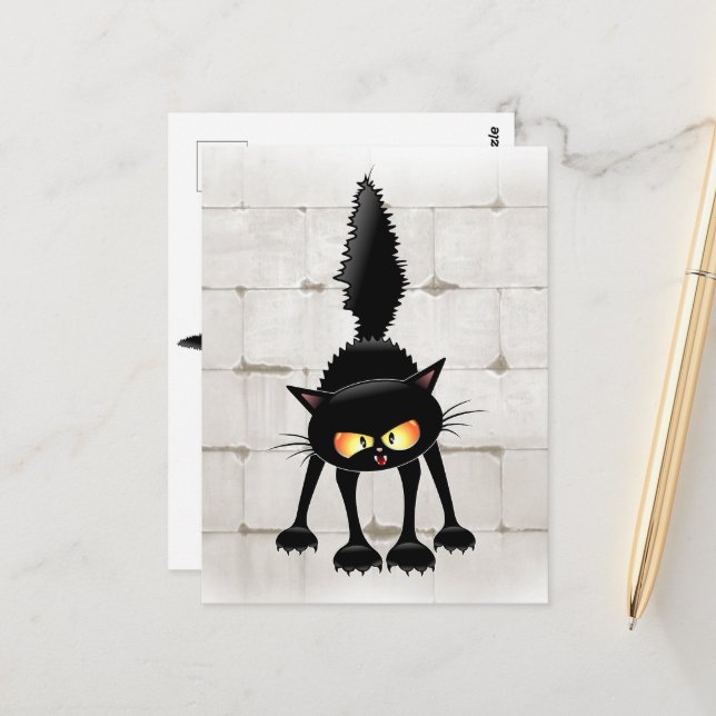 Funny Fierce Black Cat Cartoon  Postcard (Front/Back In Situ)