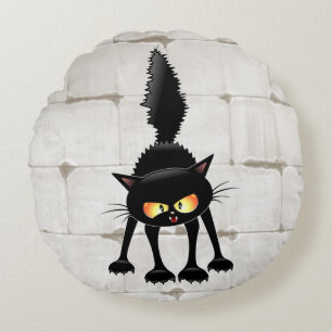 Funny Fierce Black Cat Cartoon Round Cushion