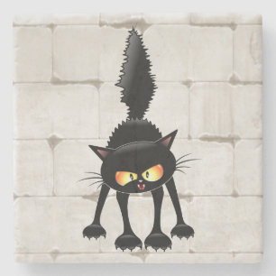 Funny Fierce Black Cat Cartoon  Stone Coaster