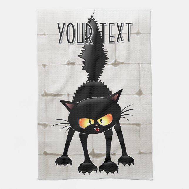 Funny Fierce Black Cat Cartoon  Tea Towel (Vertical)
