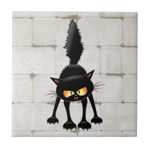 Funny Fierce Black Cat Cartoon  Tile