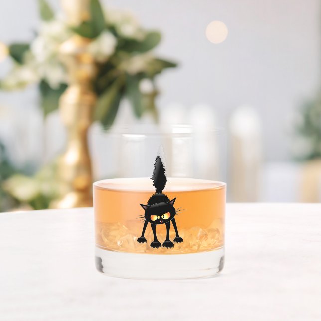 Funny Fierce Black Cat Cartoon  Whiskey Glass (Insitu (Wedding))