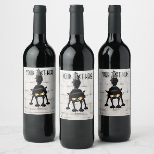 Funny Fierce Black Cat Cartoon  Wine Label