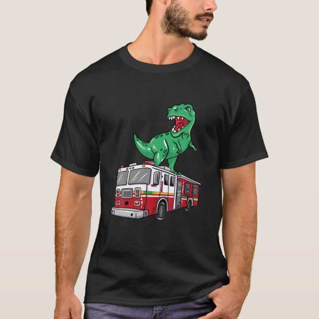 Funny Firefighter Dinosaur Lover on Firetruck Dino T-Shirt (Front)