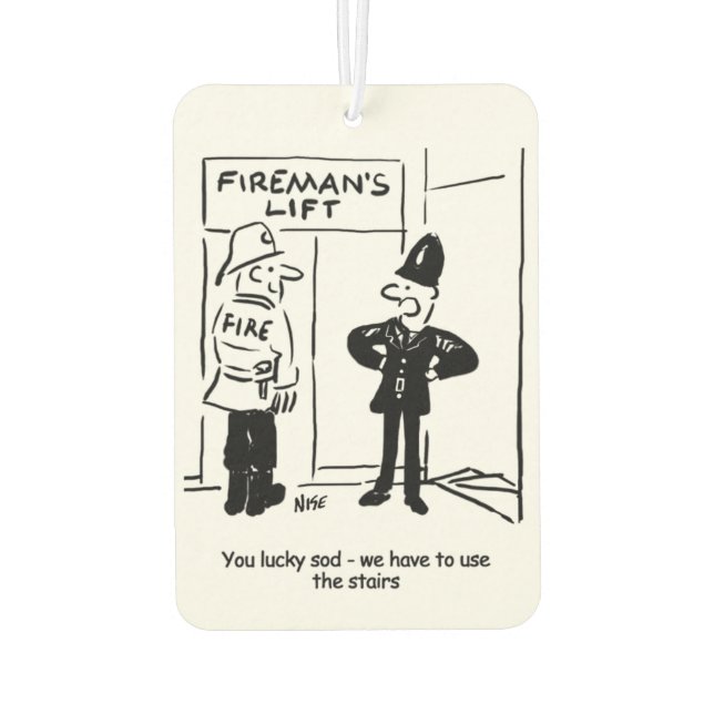 Funny Fireman Firefighter and Policeman Cartoon Car Air Freshener (Back)