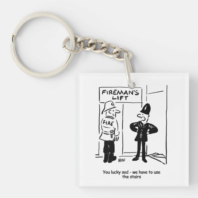 Funny Fireman Firefighter and Policeman Cartoon Key Ring (Front)