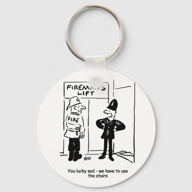 Funny Fireman Firefighter and Policeman Cartoon Key Ring (Front)