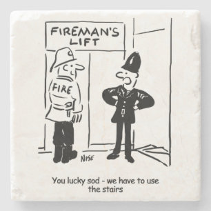 Funny Fireman Firefighter and Policeman Cartoon Stone Coaster