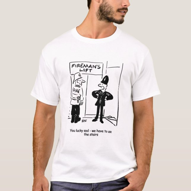 Funny Fireman Firefighter and Policeman Cartoon T-Shirt (Front)