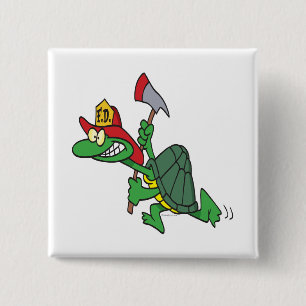 funny fireman firefighter turtle cartoon 15 cm square badge