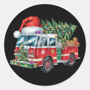Funny Firetruck Santa Hat Christmas Tree Lights Classic Round Sticker