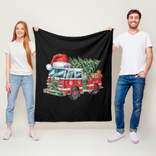 Funny Firetruck Santa Hat Christmas Tree Lights Fleece Blanket