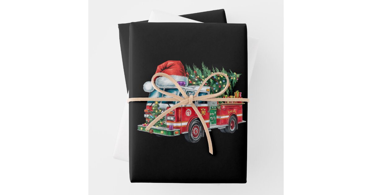 Funny Firetruck Santa Hat Christmas Tree Lights Wrapping Paper Sheet ...