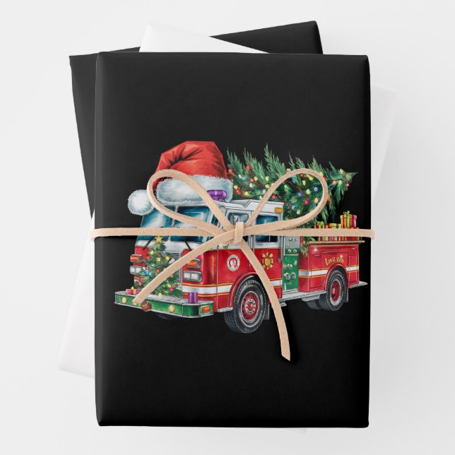Funny Firetruck Santa Hat Christmas Tree Lights  Wrapping Paper Sheet (In situ)