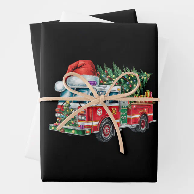Funny Firetruck Santa Hat Christmas Tree Lights Wrapping Paper Sheet ...