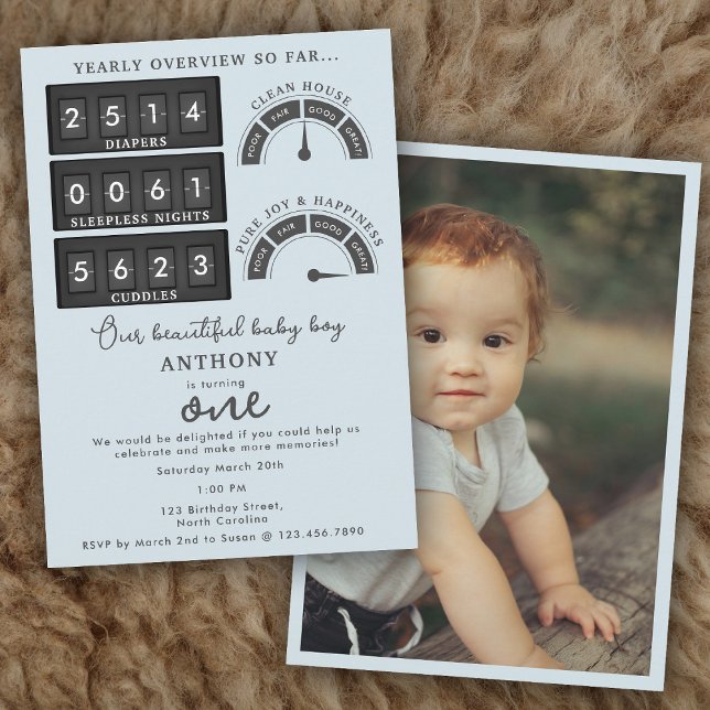 Funny First Birthday Baby Boy Cute Stats Photo Invitation (Funny First Birthday Baby Boy Cute Stats Photo Invitation)