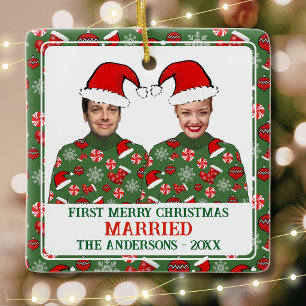 Funny First Merry Christmas Married Ceramic Ornament