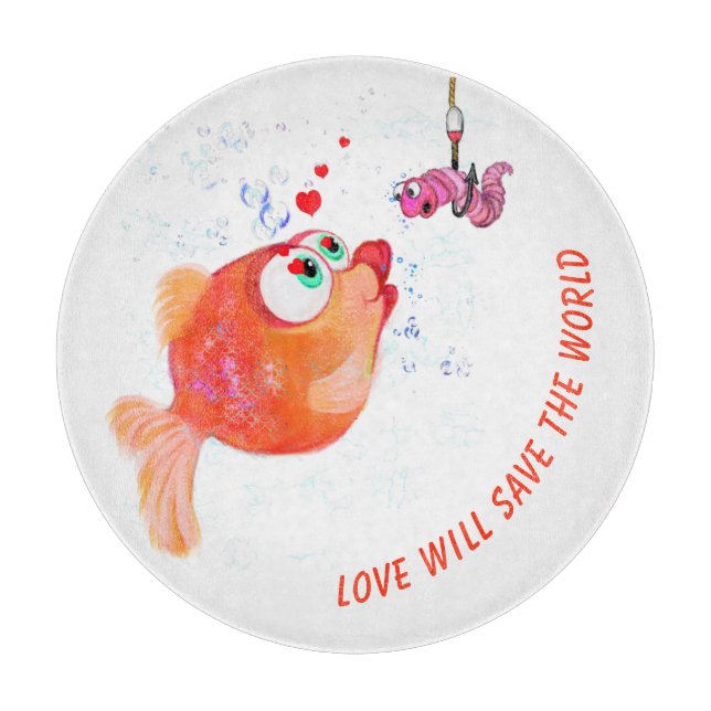 Funny Fish and Worm Cutting Board Custom Text (Front)