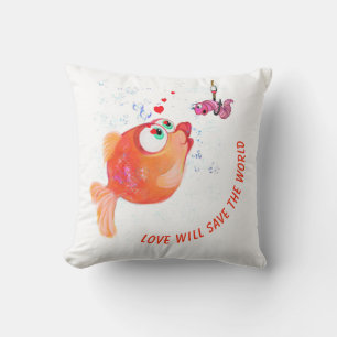 Funny Fish and Worm Love Cartoon Throw Pillow
