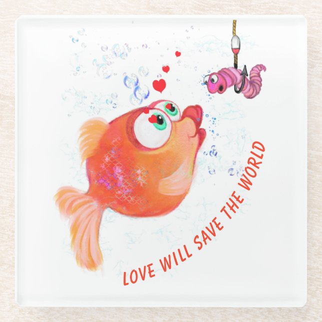 Funny Fish and Worm Love Glass Coaster Cartoon (Front)