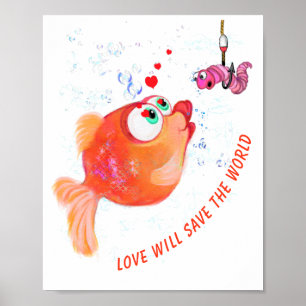 Funny Fish and Worm Love Poster Romantic