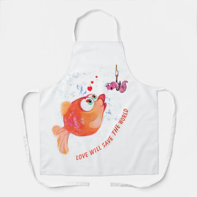 Funny Fish and Worm Love Romantic Cartoon Apron (Front)