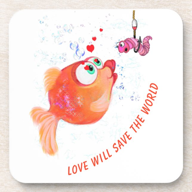 Funny Fish and Worm Love Romantic Cartoon Coaster (Front)